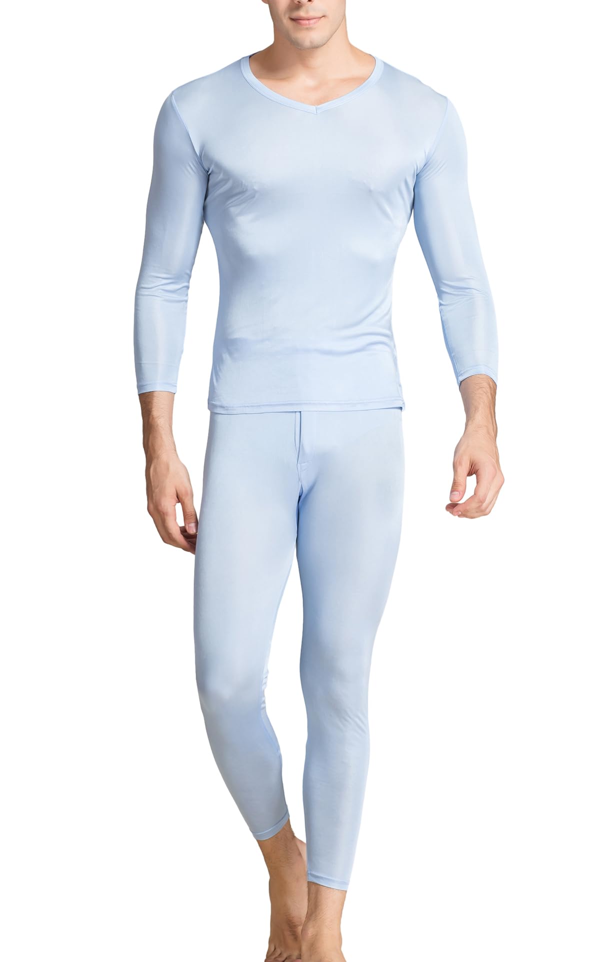 Grenasasilk Men's Silk Long Johns Mulberry Silk Long Underwear V-Neck Breathable Thermal Underwear Sets & Undergarments