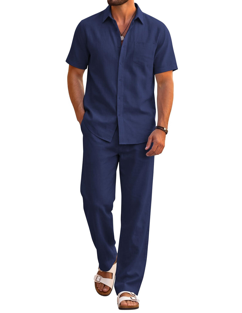 COOFANDY Men's 2 Piece Sets Beach Outfits Cotton Short Sleeve Button Down Shirts Loose Pants Summer Vacation Casual Outfits