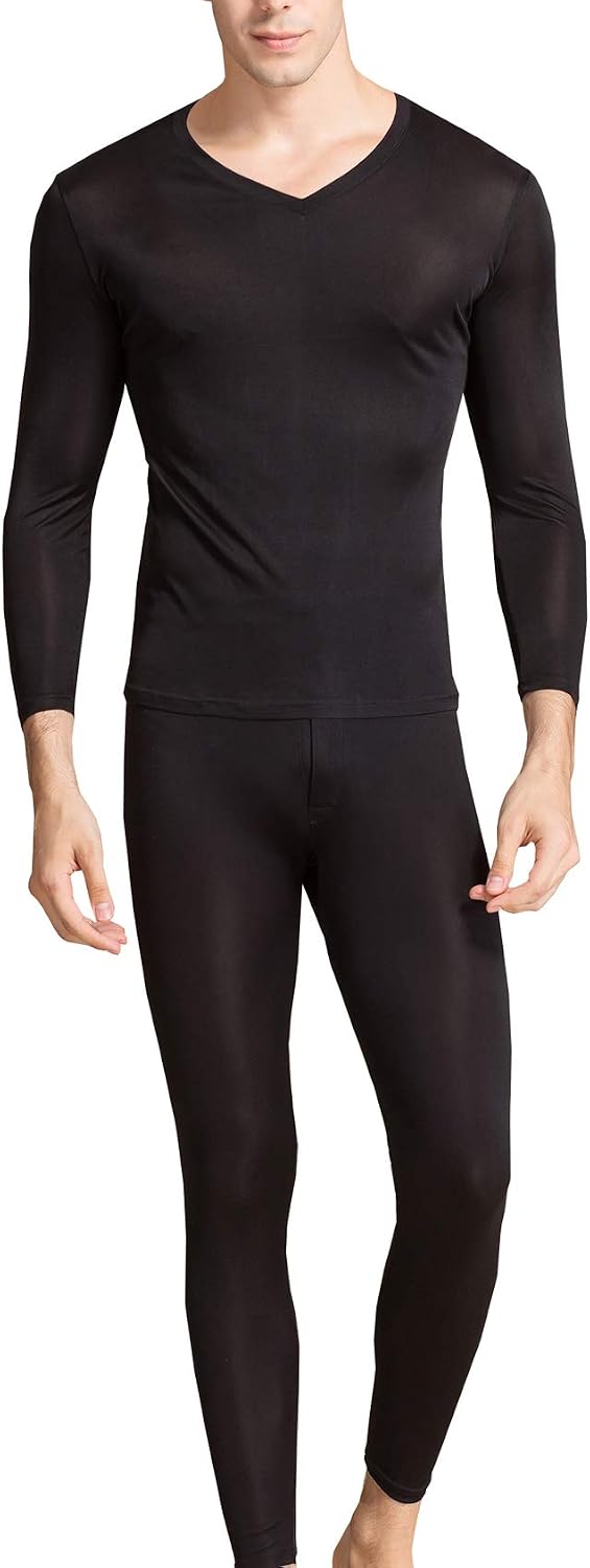 Grenasasilk Men's Silk Long Johns Mulberry Silk Long Underwear V-Neck Breathable Thermal Underwear Sets & Undergarments