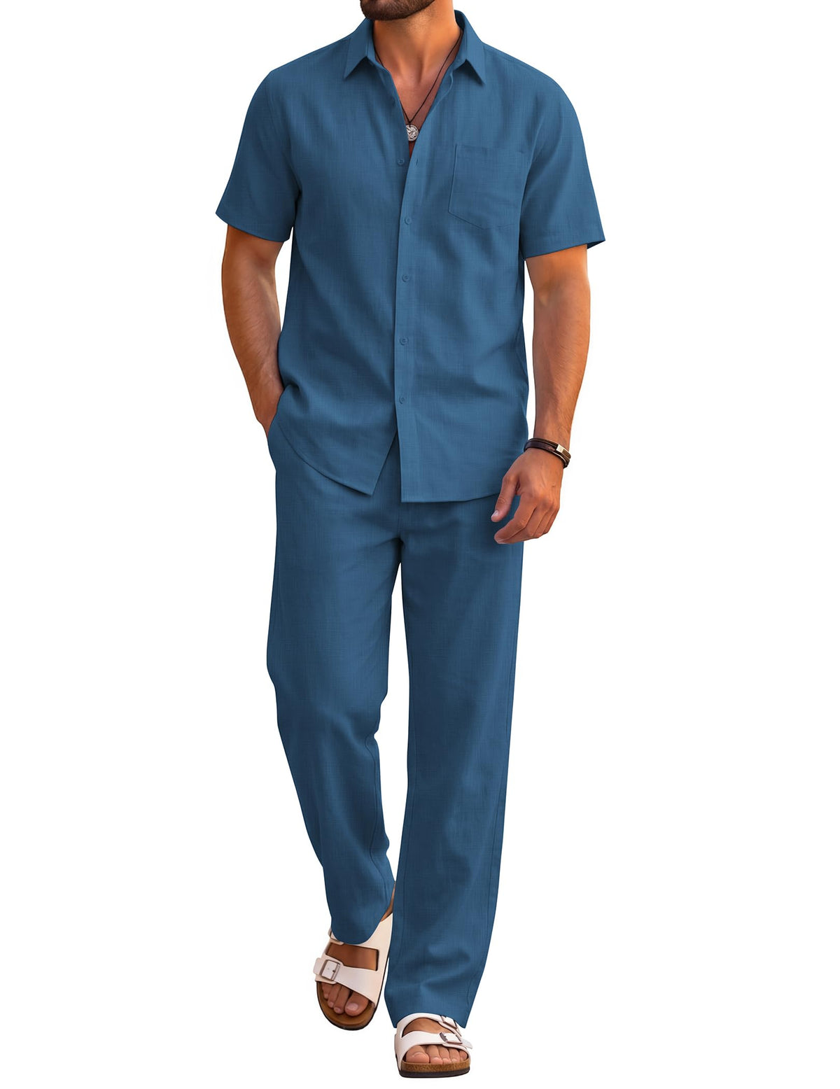 COOFANDY Men's 2 Piece Sets Beach Outfits Cotton Short Sleeve Button Down Shirts Loose Pants Summer Vacation Casual Outfits