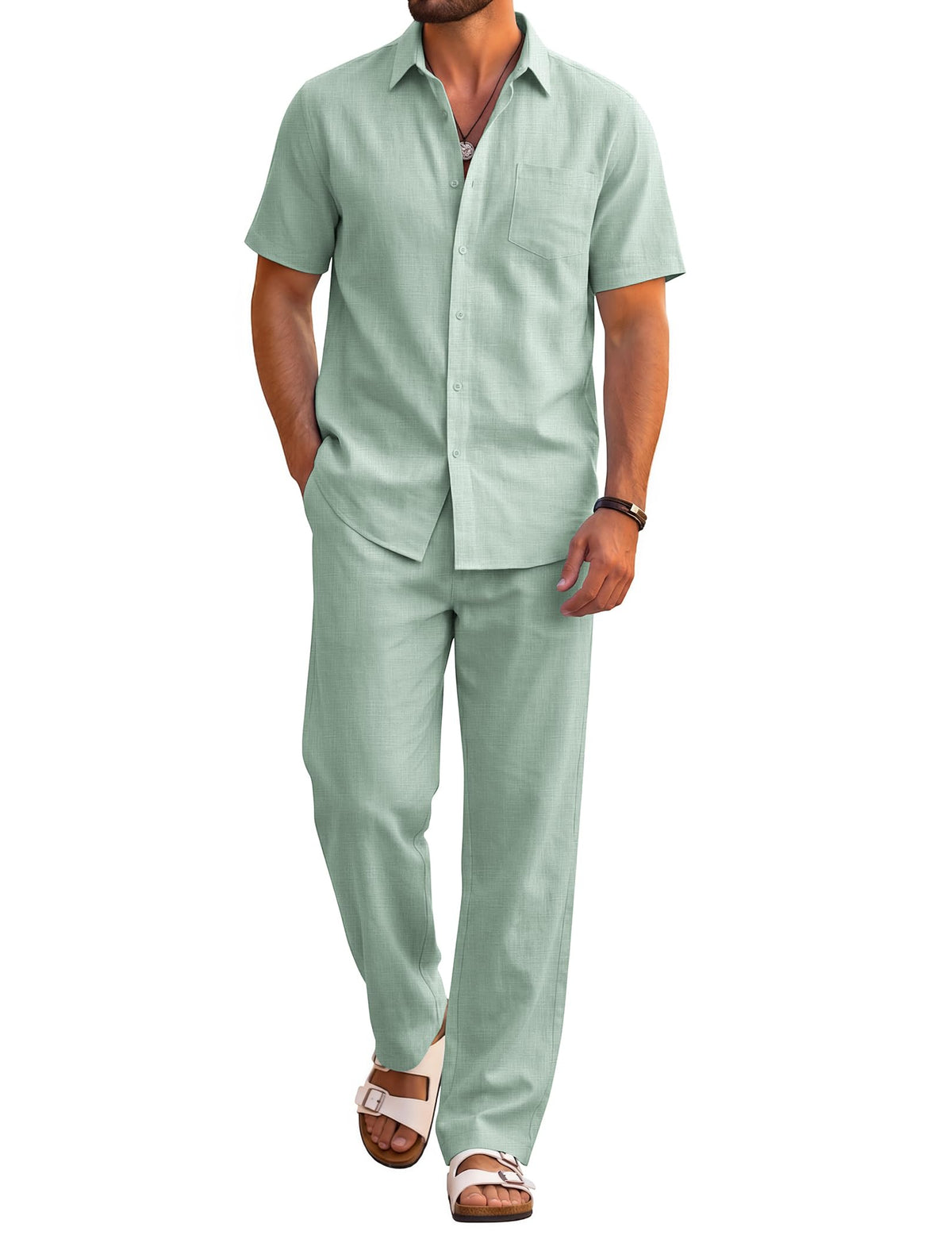 COOFANDY Men's 2 Piece Sets Beach Outfits Cotton Short Sleeve Button Down Shirts Loose Pants Summer Vacation Casual Outfits