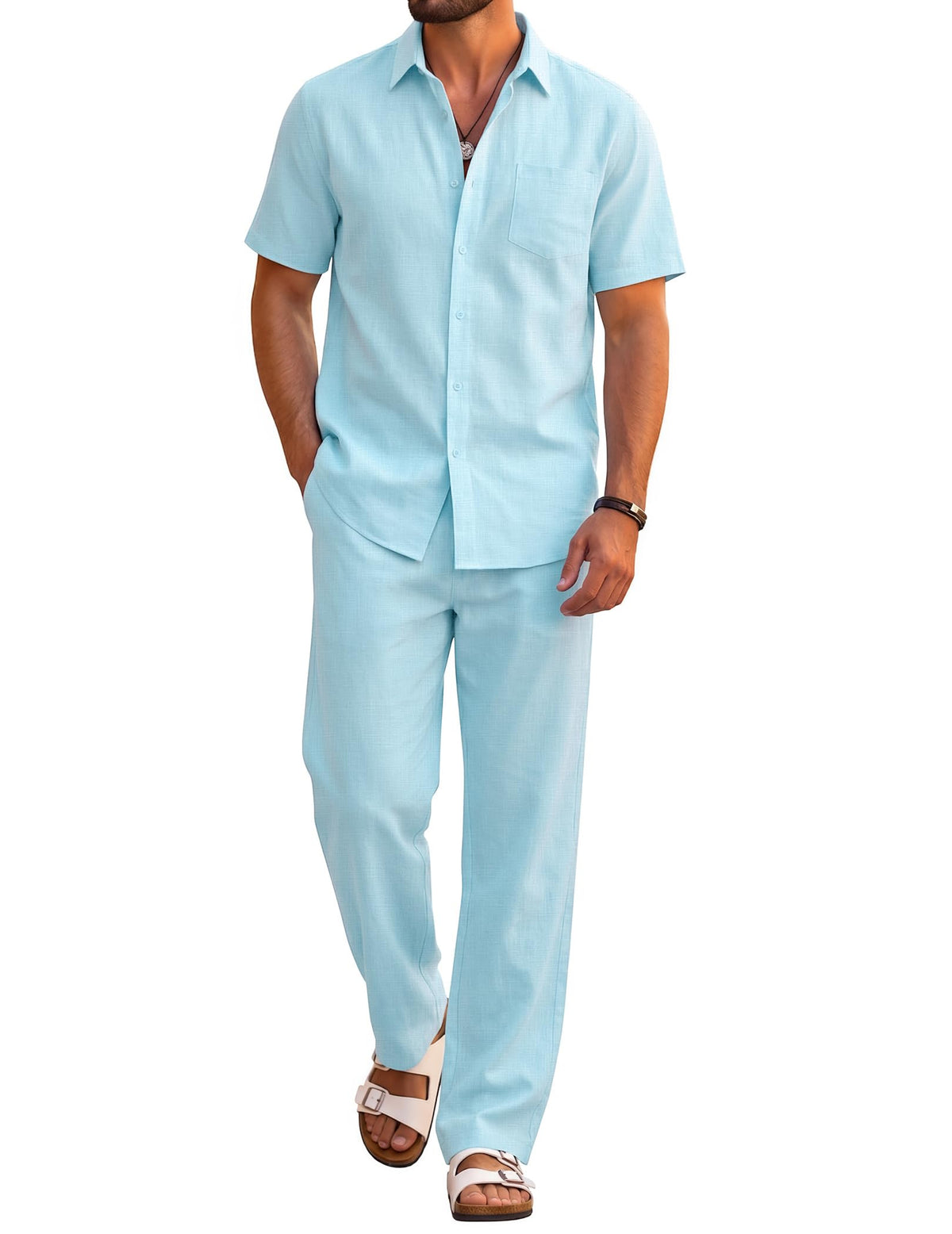 COOFANDY Men's 2 Piece Sets Beach Outfits Cotton Short Sleeve Button Down Shirts Loose Pants Summer Vacation Casual Outfits