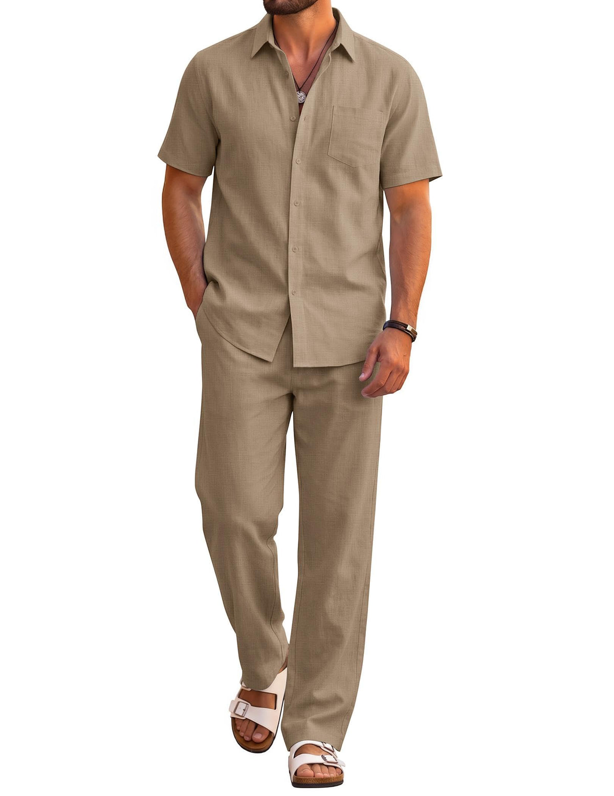 COOFANDY Men's 2 Piece Sets Beach Outfits Cotton Short Sleeve Button Down Shirts Loose Pants Summer Vacation Casual Outfits