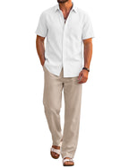 COOFANDY Men's 2 Piece Sets Beach Outfits Cotton Short Sleeve Button Down Shirts Loose Pants Summer Vacation Casual Outfits