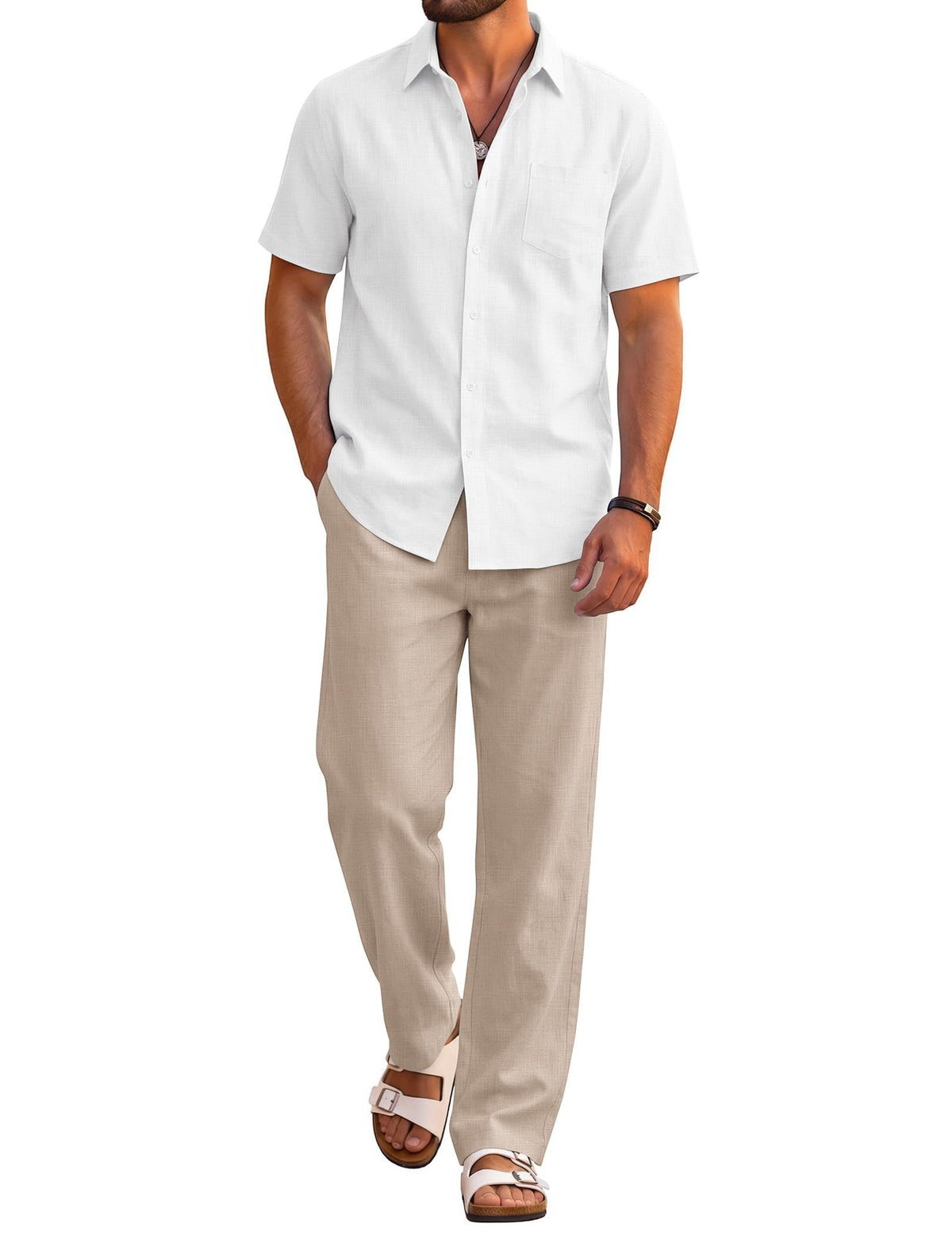 COOFANDY Men's 2 Piece Sets Beach Outfits Cotton Short Sleeve Button Down Shirts Loose Pants Summer Vacation Casual Outfits