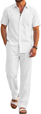 COOFANDY Men's 2 Piece Sets Beach Outfits Cotton Short Sleeve Button Down Shirts Loose Pants Summer Vacation Casual Outfits