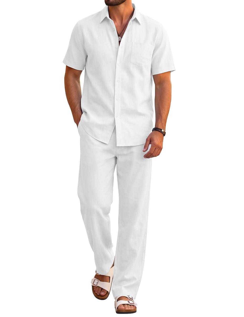COOFANDY Men's 2 Piece Sets Beach Outfits Cotton Short Sleeve Button Down Shirts Loose Pants Summer Vacation Casual Outfits