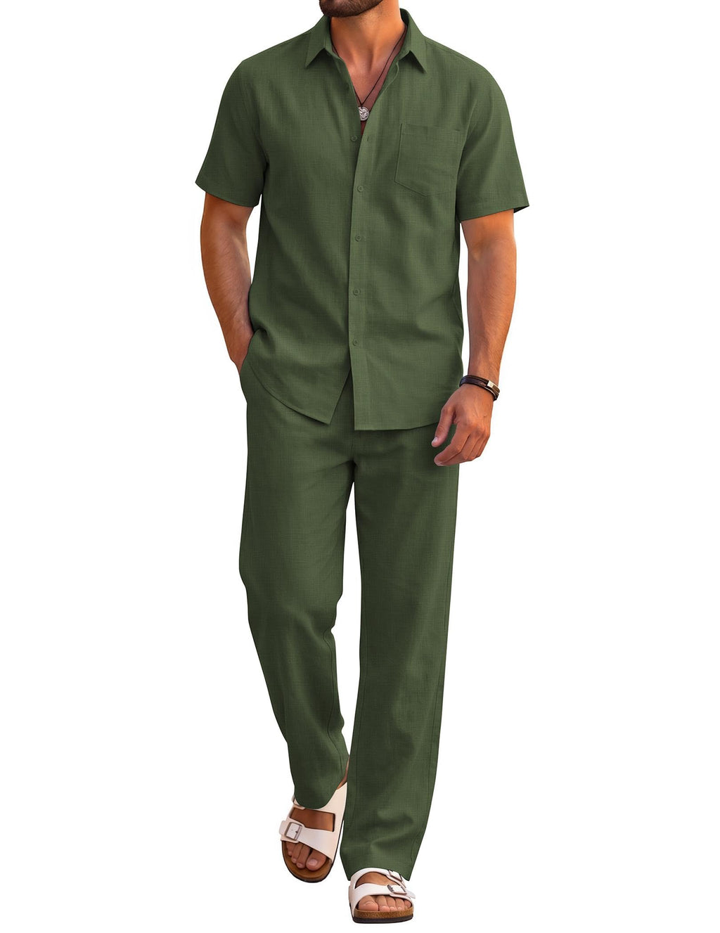 COOFANDY Men's 2 Piece Sets Beach Outfits Cotton Short Sleeve Button Down Shirts Loose Pants Summer Vacation Casual Outfits