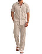COOFANDY Men's 2 Piece Sets Beach Outfits Cotton Short Sleeve Button Down Shirts Loose Pants Summer Vacation Casual Outfits