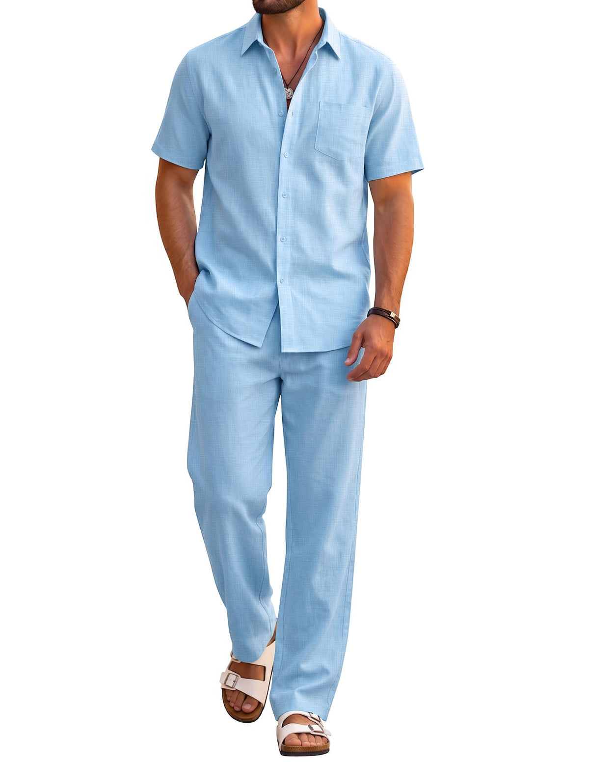 COOFANDY Men's 2 Piece Sets Beach Outfits Cotton Short Sleeve Button Down Shirts Loose Pants Summer Vacation Casual Outfits