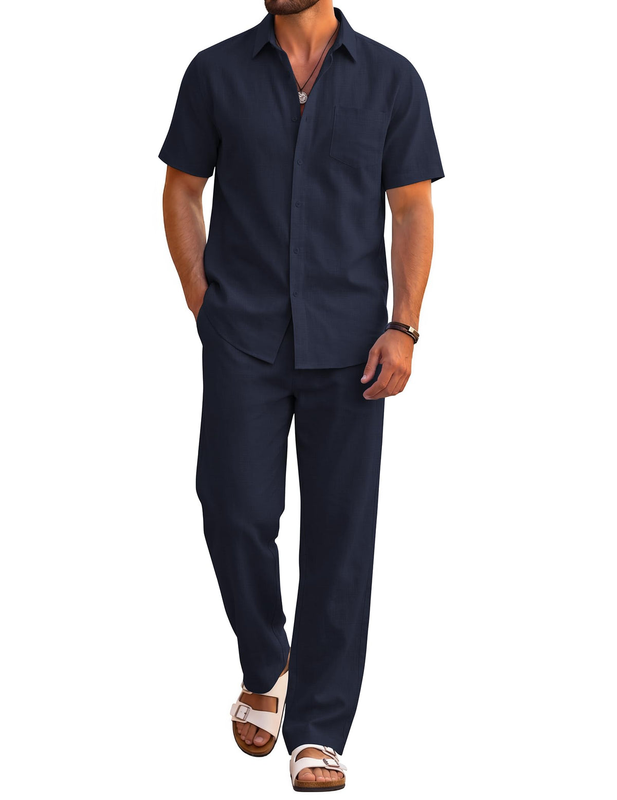 COOFANDY Men's 2 Piece Sets Beach Outfits Cotton Short Sleeve Button Down Shirts Loose Pants Summer Vacation Casual Outfits