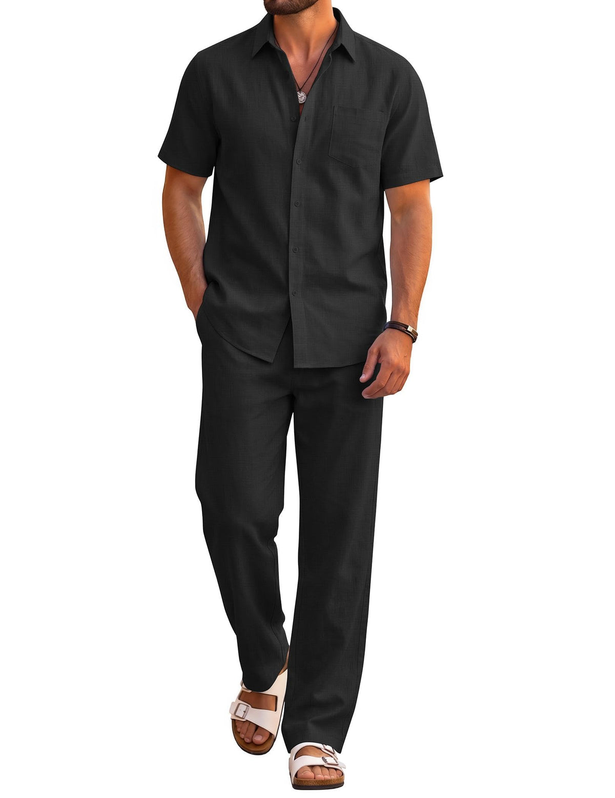 COOFANDY Men's 2 Piece Sets Beach Outfits Cotton Short Sleeve Button Down Shirts Loose Pants Summer Vacation Casual Outfits