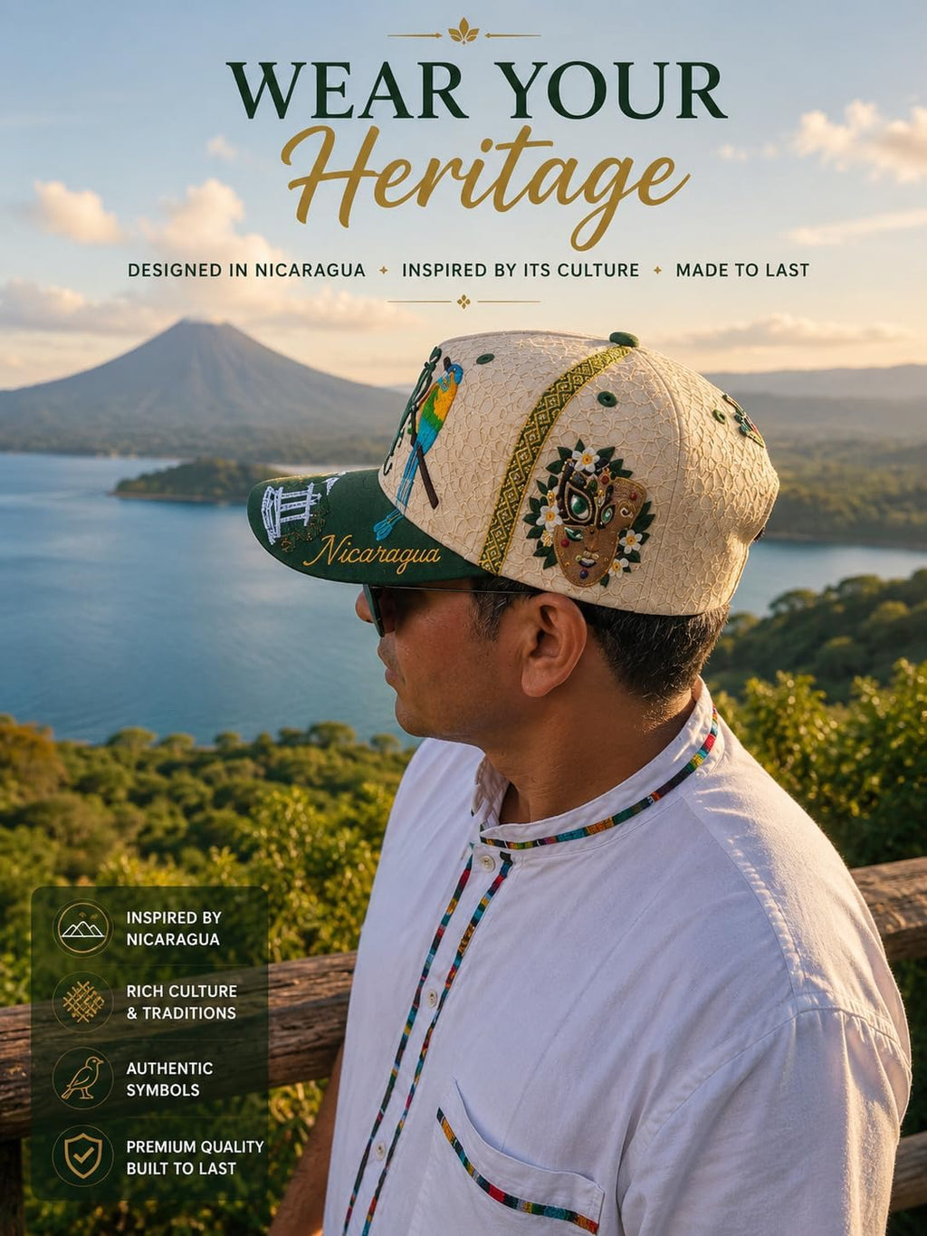 La Pinolera - Nicaragua Premium hat with Guardabarranco Bird, Traditional Mask & Cultural Art Design