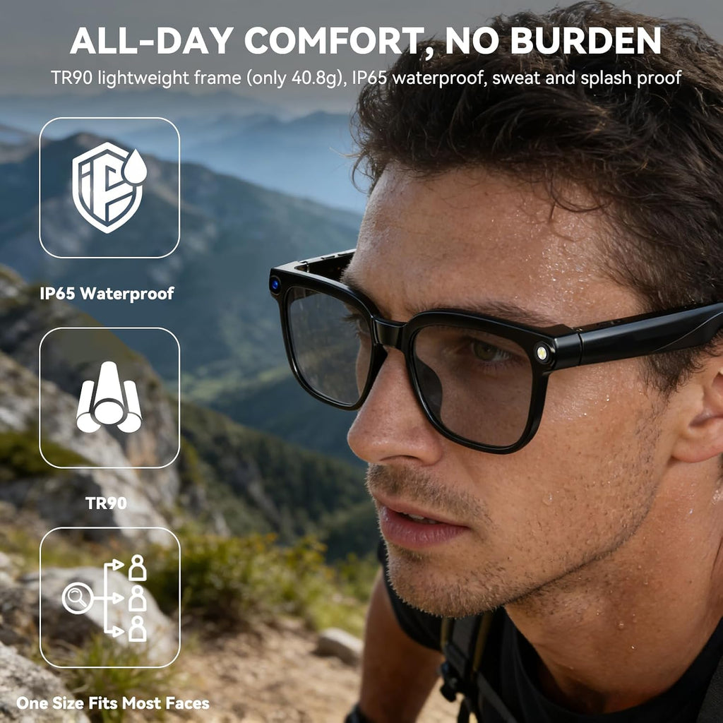 AI Smart Glasses with Camera, 1080P EIS Video, Bluetooth Music