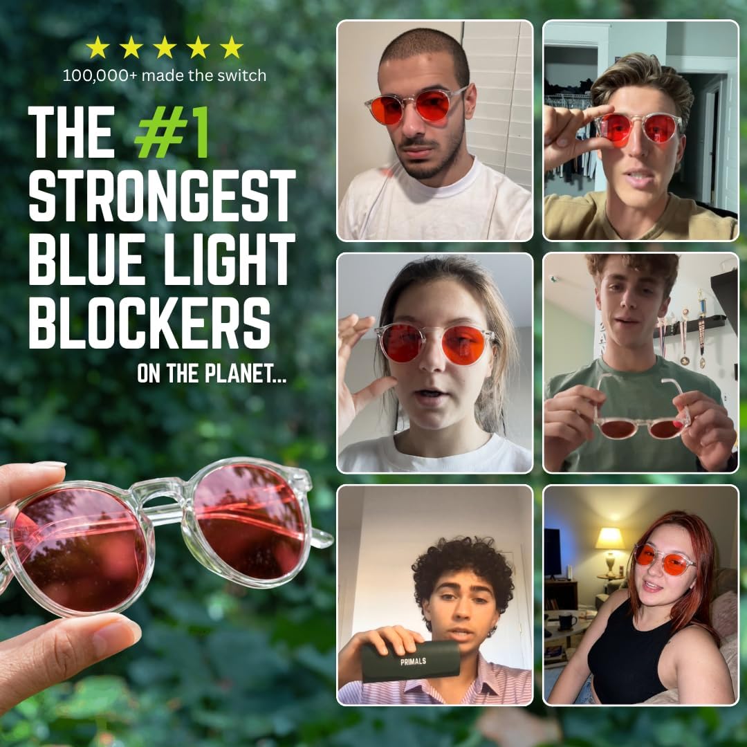 PRIMALS Blue Light Blocking Glasses - Extra Strength - Blocks 99.9% Blue Light - Improves Sleep & Focus - Computer/Gaming/TV/Phones - (Red Lens + Clear Frame)