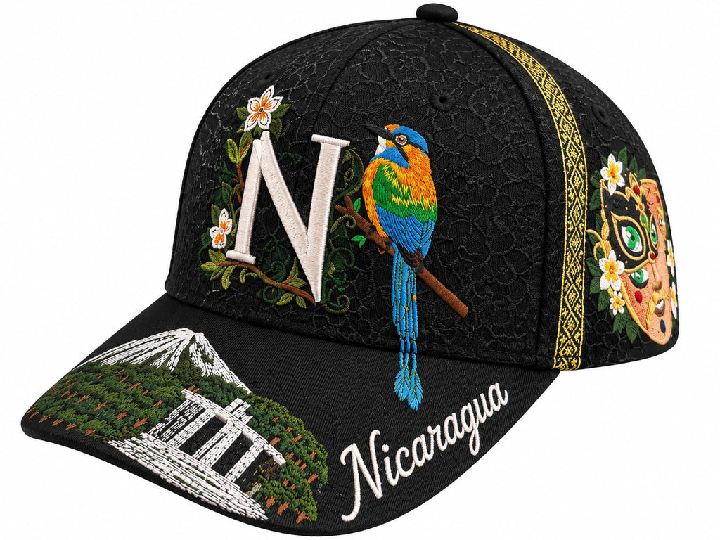 La Pinolera - Nicaragua Premium hat with Guardabarranco Bird, Traditional Mask & Cultural Art Design