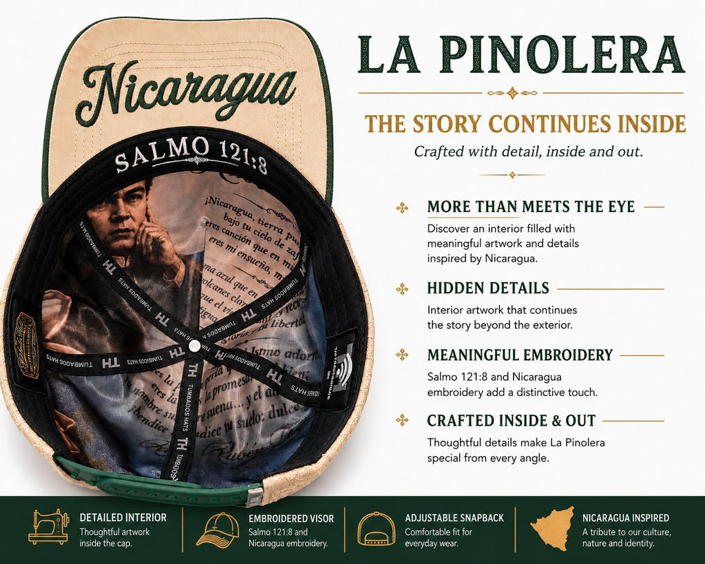 La Pinolera - Nicaragua Premium hat with Guardabarranco Bird, Traditional Mask & Cultural Art Design