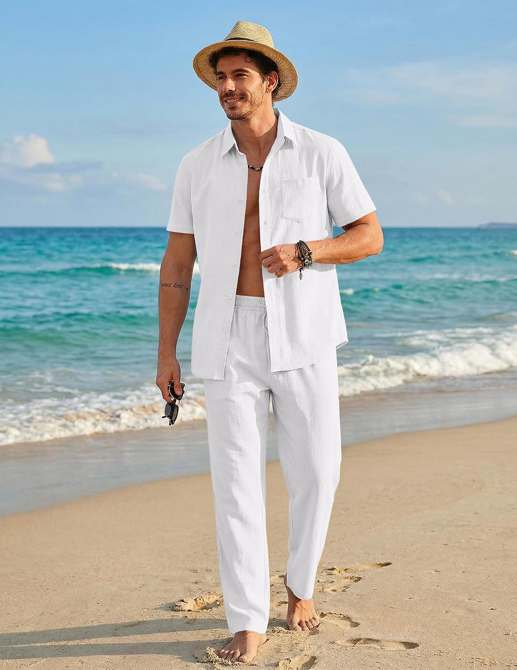 COOFANDY Men's 2 Piece Sets Beach Outfits Cotton Short Sleeve Button Down Shirts Loose Pants Summer Vacation Casual Outfits