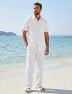 COOFANDY Men's 2 Piece Sets Beach Outfits Cotton Short Sleeve Button Down Shirts Loose Pants Summer Vacation Casual Outfits