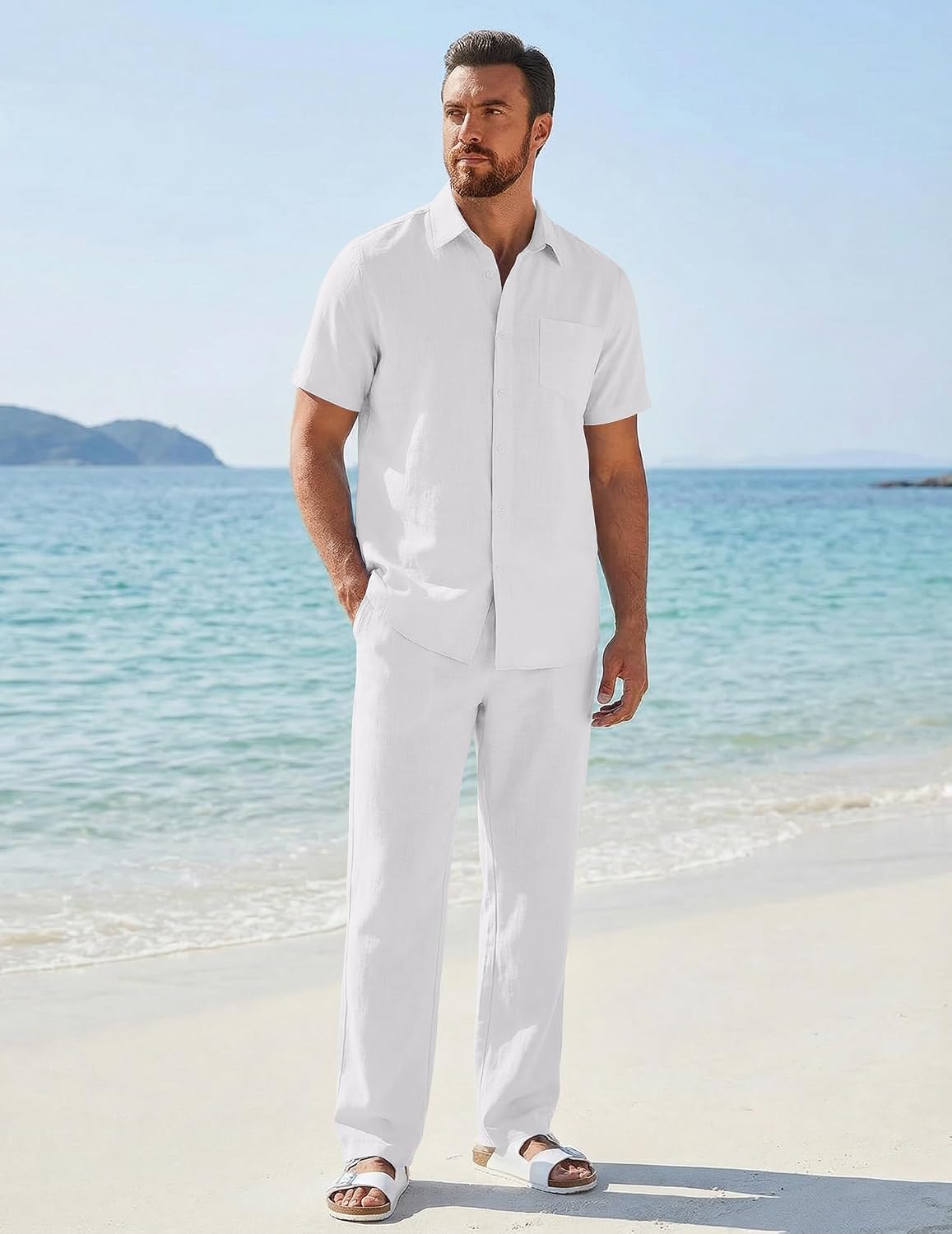 COOFANDY Men's 2 Piece Sets Beach Outfits Cotton Short Sleeve Button Down Shirts Loose Pants Summer Vacation Casual Outfits