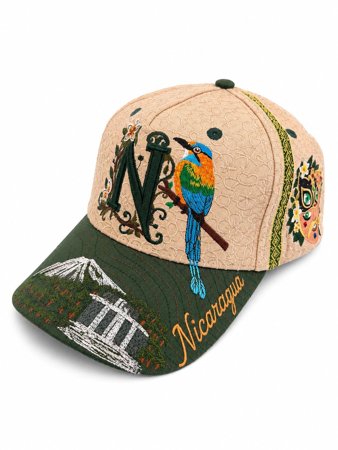 La Pinolera - Nicaragua Premium hat with Guardabarranco Bird, Traditional Mask & Cultural Art Design