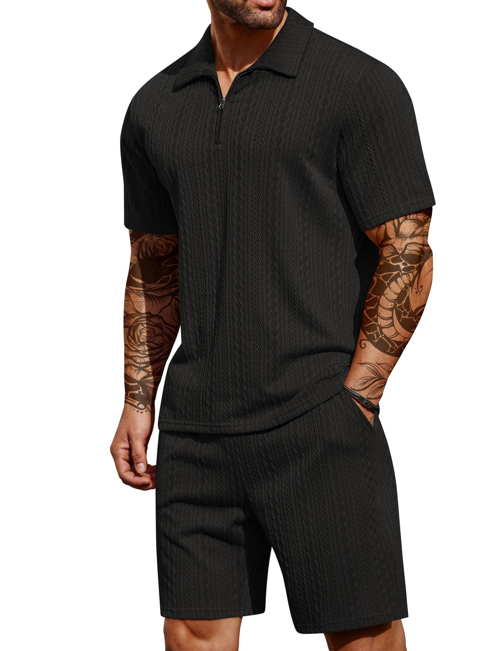COOFANDY Men's 2 Pieces Outfits Casual Quarter Zip Polo Shirt and Shorts Set Athletic Jogging Summer Tracksuit