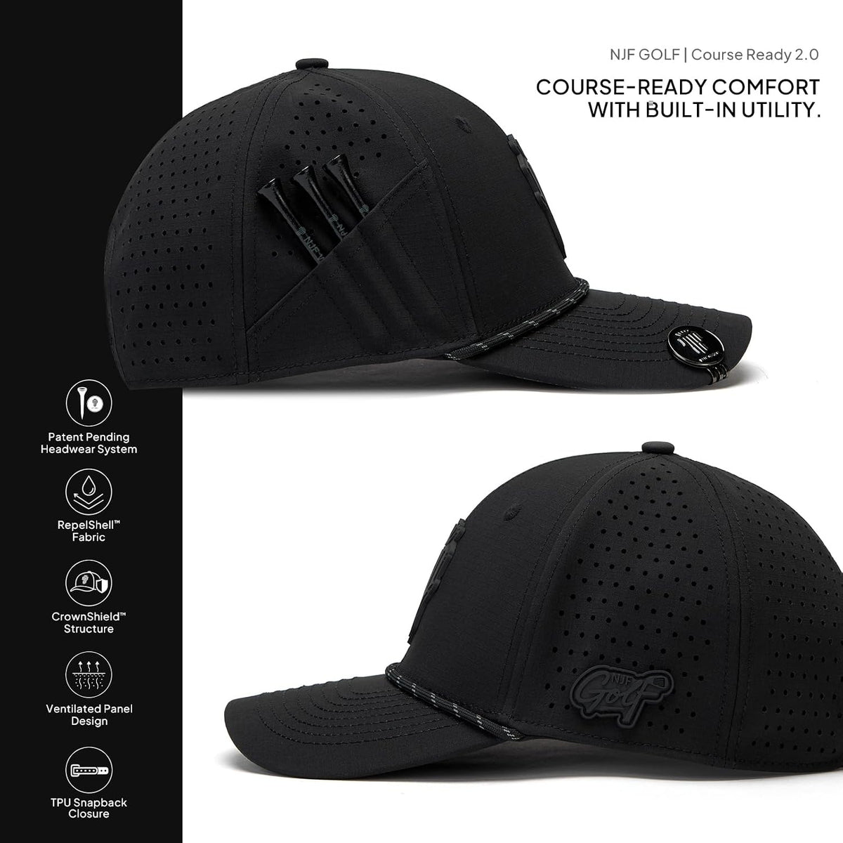 NJF Golf Performance Hats for Men with Tee Holder & Magnetic Ball Marker