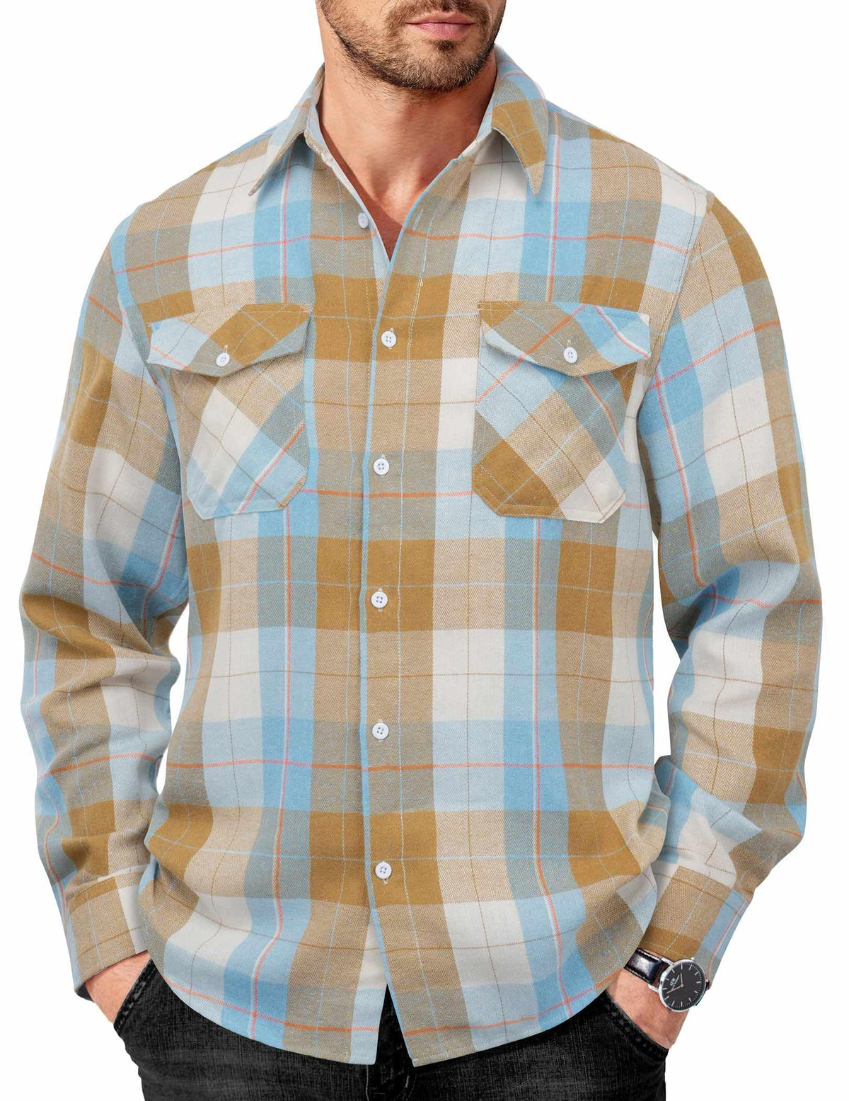 COOFANDY Mens Flannel Shirts Long Sleeve Casual Plaid Button Down Shirt Cotton Shirt Cowboy Work Shirts with Pockets