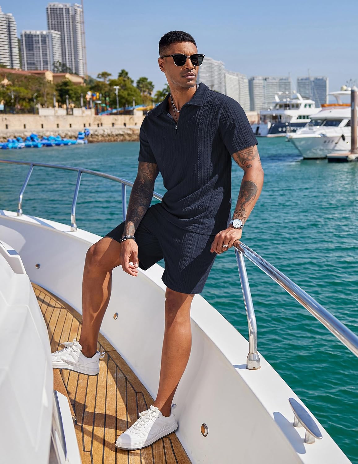 COOFANDY Men's 2 Pieces Outfits Casual Quarter Zip Polo Shirt and Shorts Set Athletic Jogging Summer Tracksuit