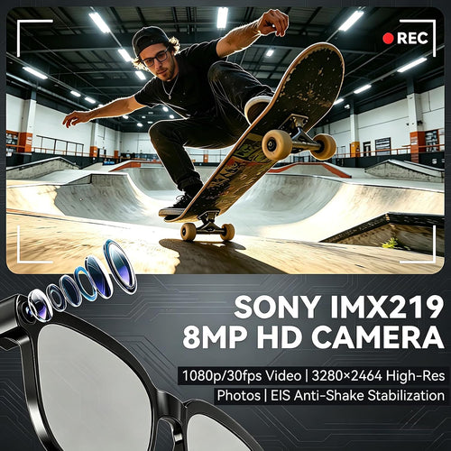 AI Smart Glasses with Camera, 1080P EIS Video, Bluetooth Music