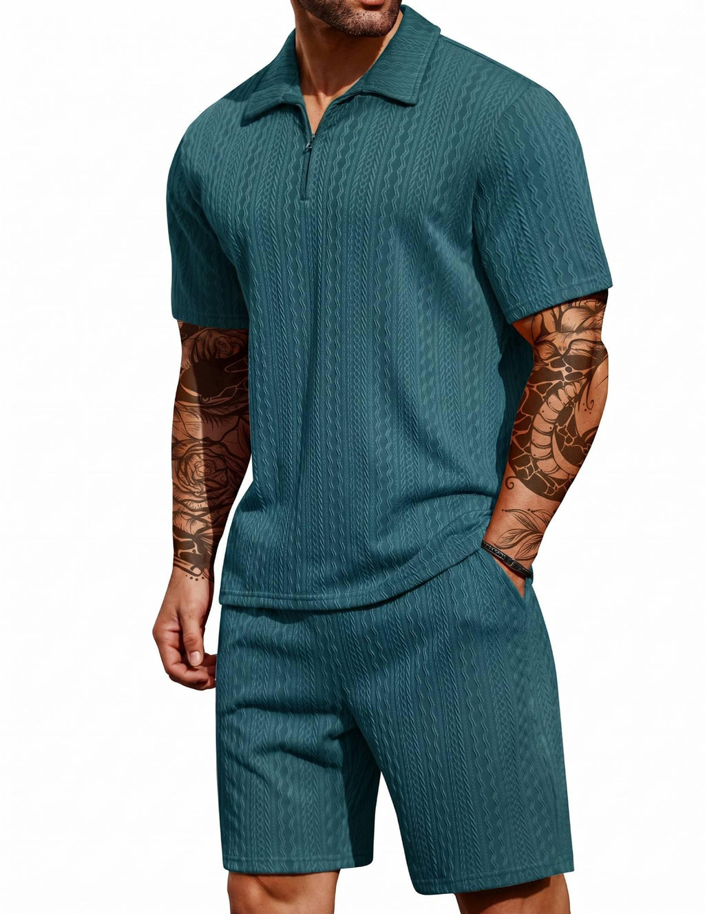 COOFANDY Men's 2 Pieces Outfits Casual Quarter Zip Polo Shirt and Shorts Set Athletic Jogging Summer Tracksuit