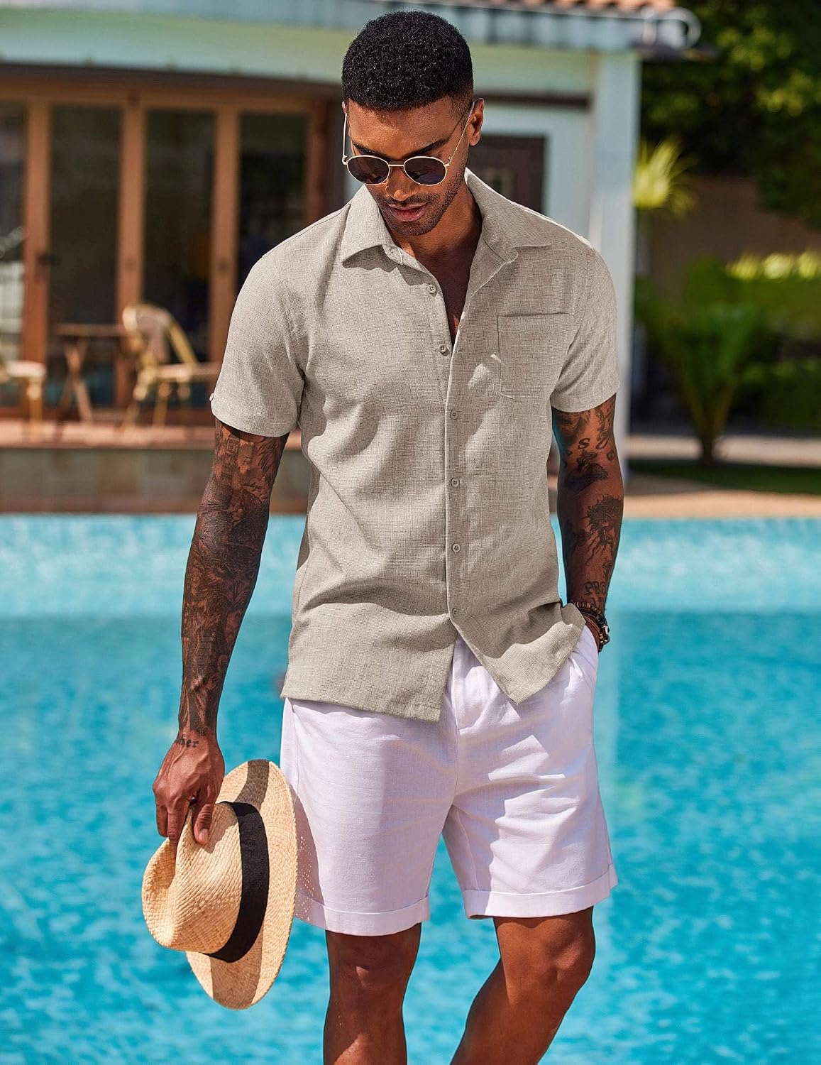 COOFANDY Men's Button Down Shirts Short Sleeve Casual Shirts Summer Beach Linen Shirts with Pocket