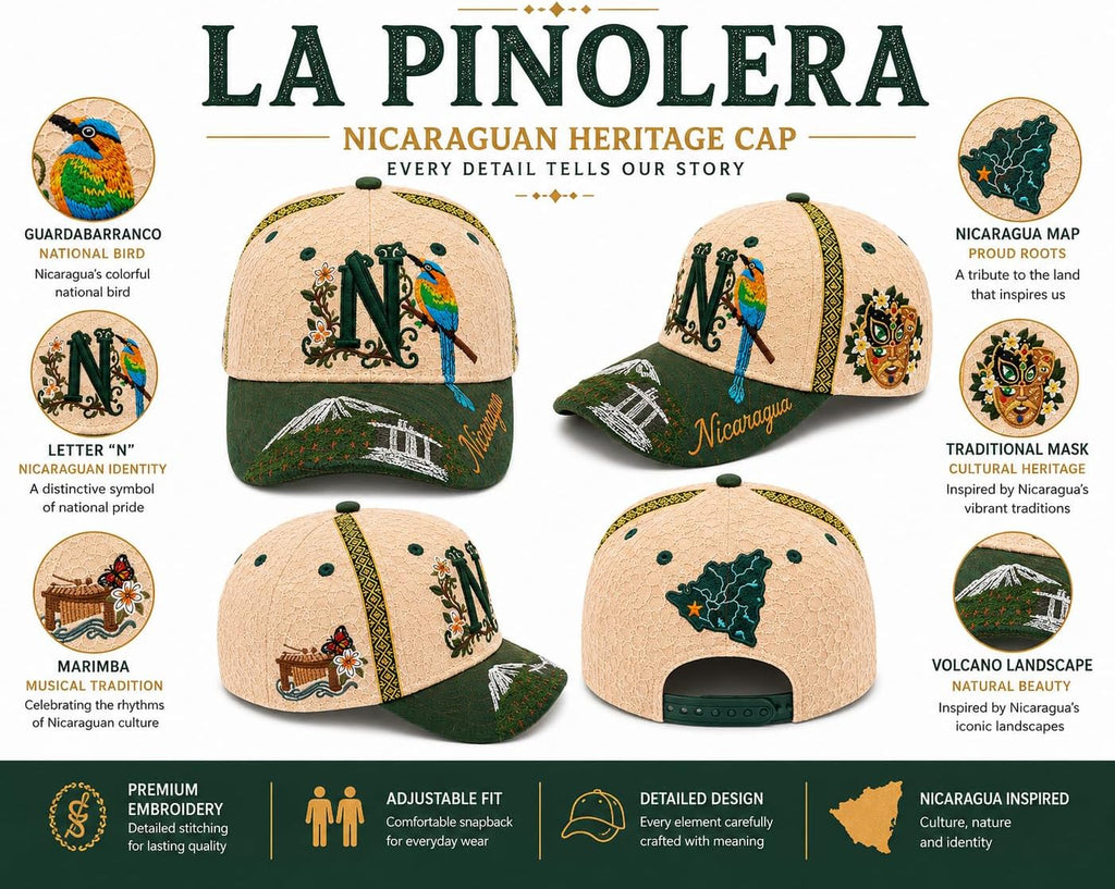 La Pinolera - Nicaragua Premium hat with Guardabarranco Bird, Traditional Mask & Cultural Art Design
