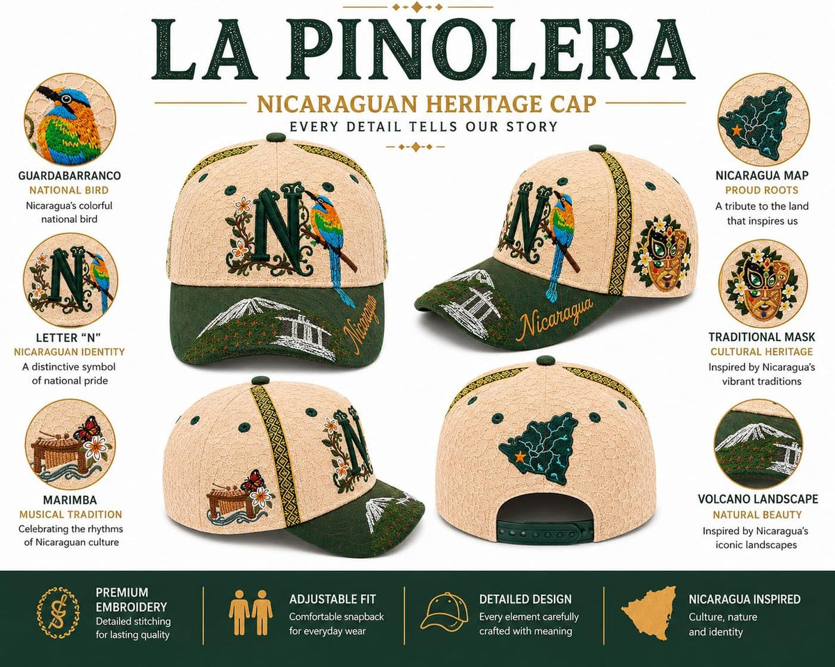 La Pinolera - Nicaragua Premium hat with Guardabarranco Bird, Traditional Mask & Cultural Art Design