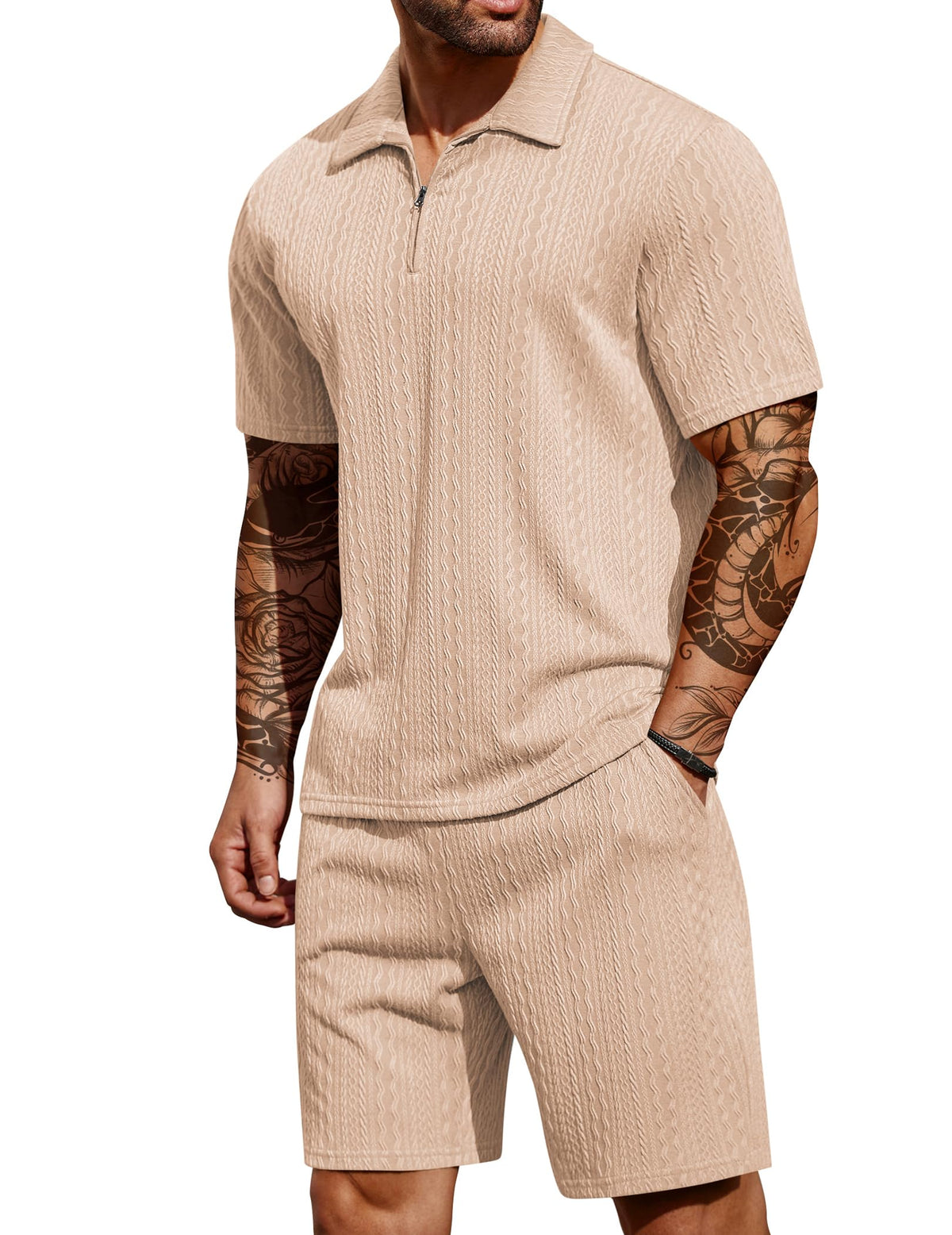 COOFANDY Men's 2 Pieces Outfits Casual Quarter Zip Polo Shirt and Shorts Set Athletic Jogging Summer Tracksuit