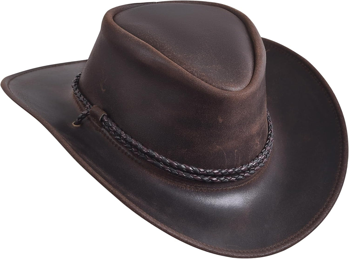 Sidewinder Mens Cowboy Leather Hat Western Style Unisex Shapeable Outback Classic Braided Hatband