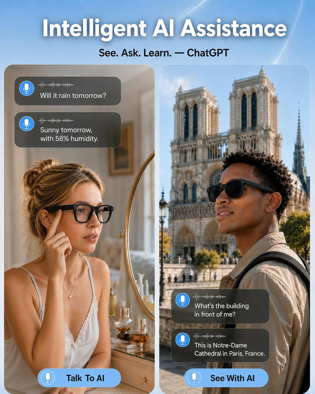 Coucur AI Smart Glasses with Camera,Bluetooth Camera Glasses for Men Women