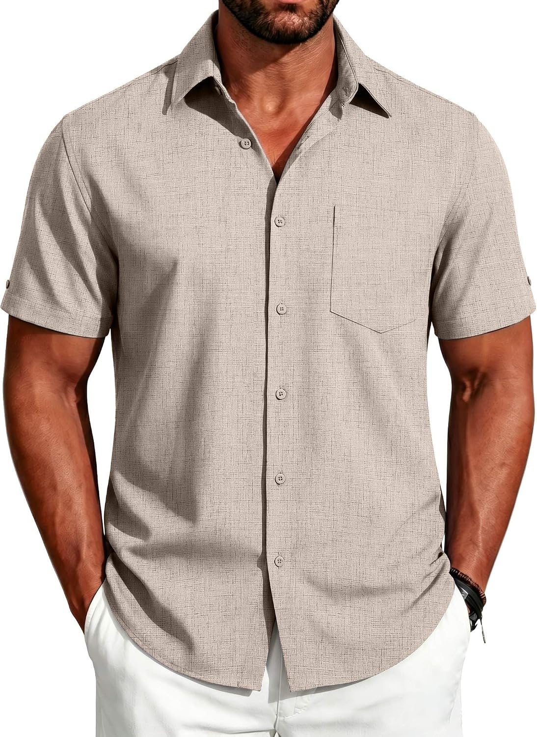 COOFANDY Men's Button Down Shirts Short Sleeve Casual Shirts Summer Beach Linen Shirts with Pocket